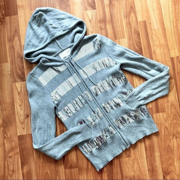 Aeropostale Grey Silver Sequin Hoodie Jacket juniors Medium Holiday Knit Sweater - Picture 8 of 8